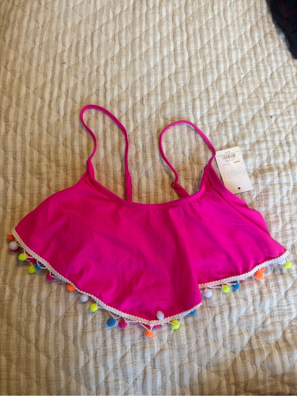 SO Bright Pink Pom-Pom Flounce Bikini Top
